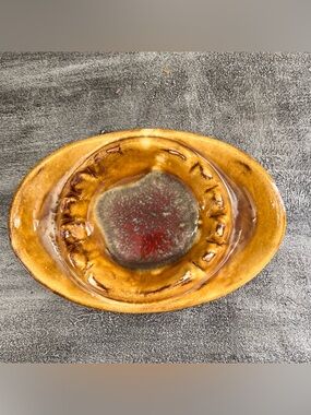 Vintage California Pottery MCM Drip Glaze Oval Ashtray Brown Yellow USA